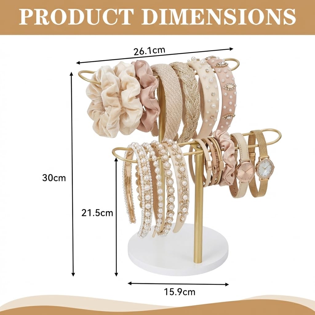 Organizador de Diadema de Metal, Expositor para Diademas de 2 Niveles, Organizador de Accesorios para el Cabello con Base Estable, para Guardar Diademas, Pulseras, Collares y Relojes, Dorado