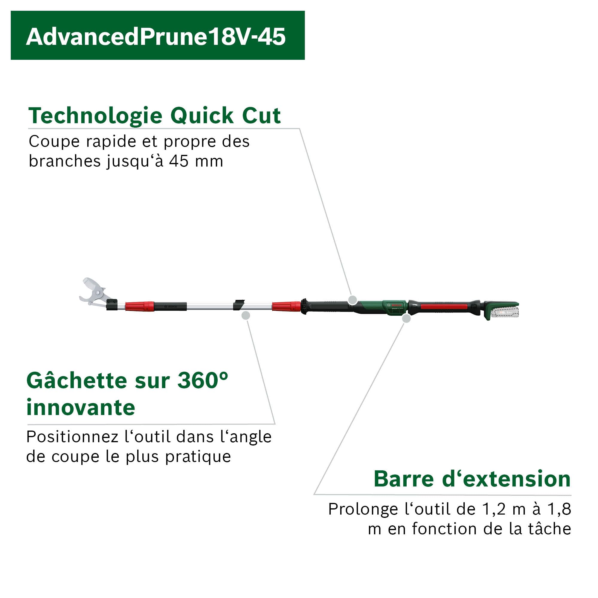 Bosch Home and Garden Sécateur sans fil AdvancedPrune 18V-45 (pour couper sans effort les branches jusqu'à 45 mm ; système 18 V ; jusqu'à 600 coupes ; avec batterie, chargeur et barre d'extension)