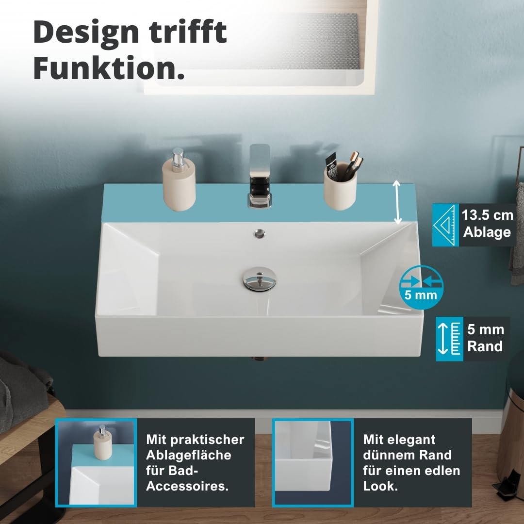 Aqua Bagno umywalka 70 cm prostokątna, ceramiczna biały połysk do montażu ściennego, z otworem na baterię i przelewem, nowoczesny design do łazienki, łatwa w czyszczeniu