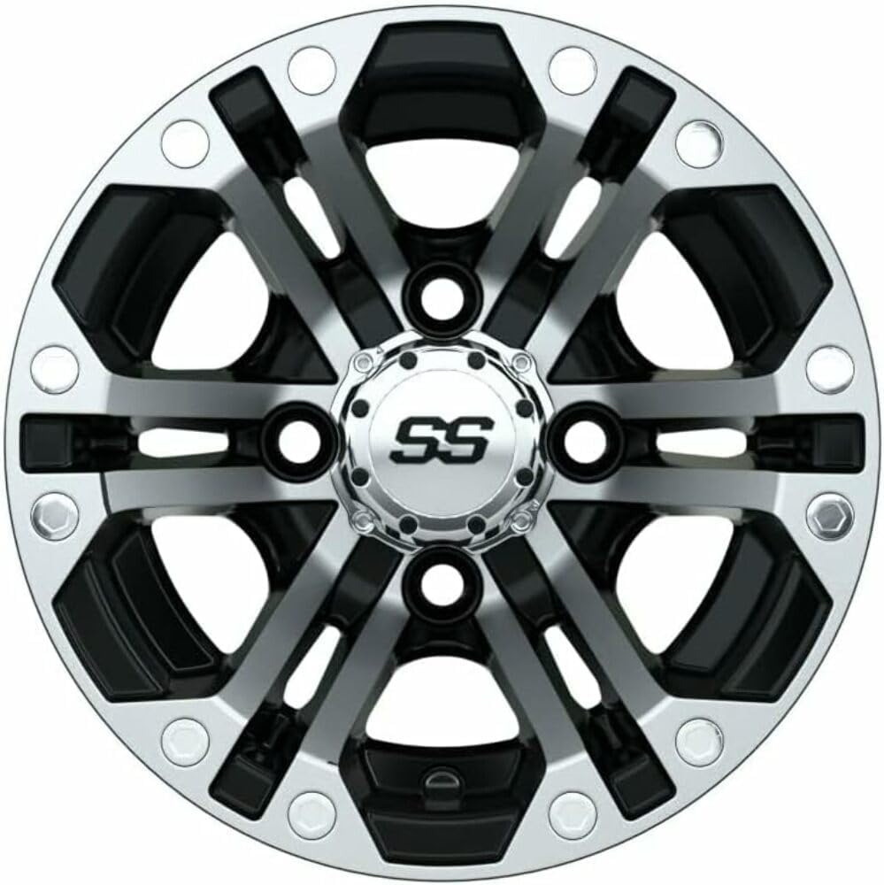 GTW 10 Inch Golf Cart Wheels and Tires Combo | GTW Specter Machined/Black Wheels on 20x10-10 Barrage Mud Tires | Set of 4