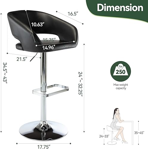 Miniatura 3 de Vogue Furniture Direct Taburete de bar ajustable con respaldo y brazos huecos, moderno taburete giratorio de piel sintética, silla de barra de
