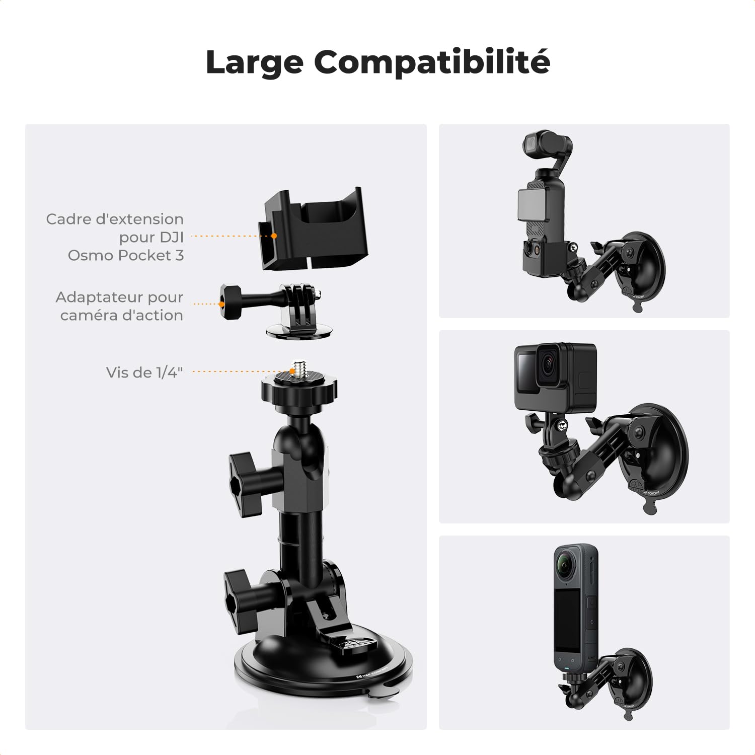 K&F CONCEPT Soporte de Coche con Ventosa para GoPro Hero 13 12 11 10 dji Action 5 Pro/4/3 dji Osmo Pocket 3, Soporte Ventosa del Parabrisas del Coche para Insta360 X5 X4