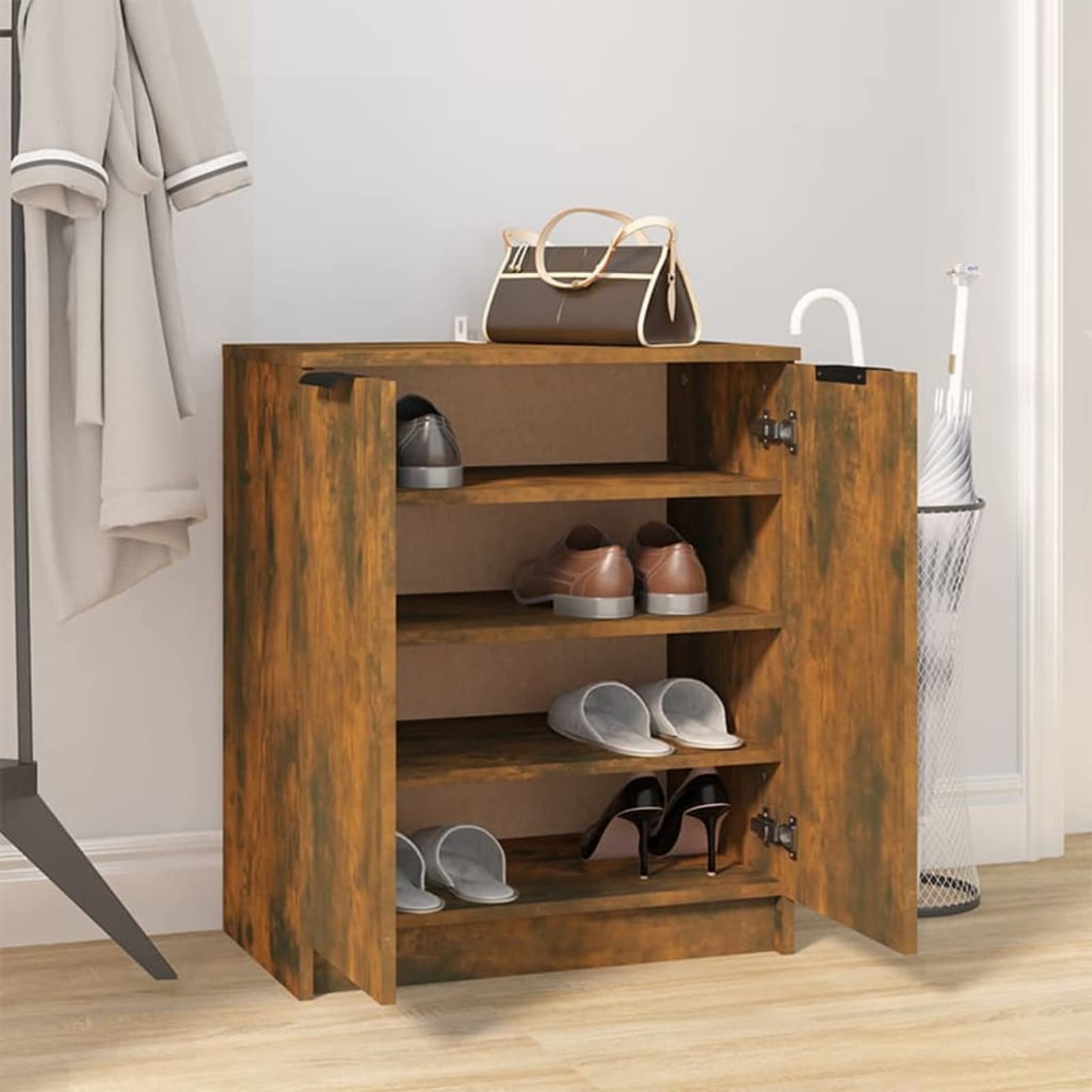 Homgoday Scarpiera Rovere Fumo 59x35x70 cm in Legno Multistrato, Scaffale Portascarpe Organizzatore per Scarpe Stoccaggio Salva Spazio per Corridoio