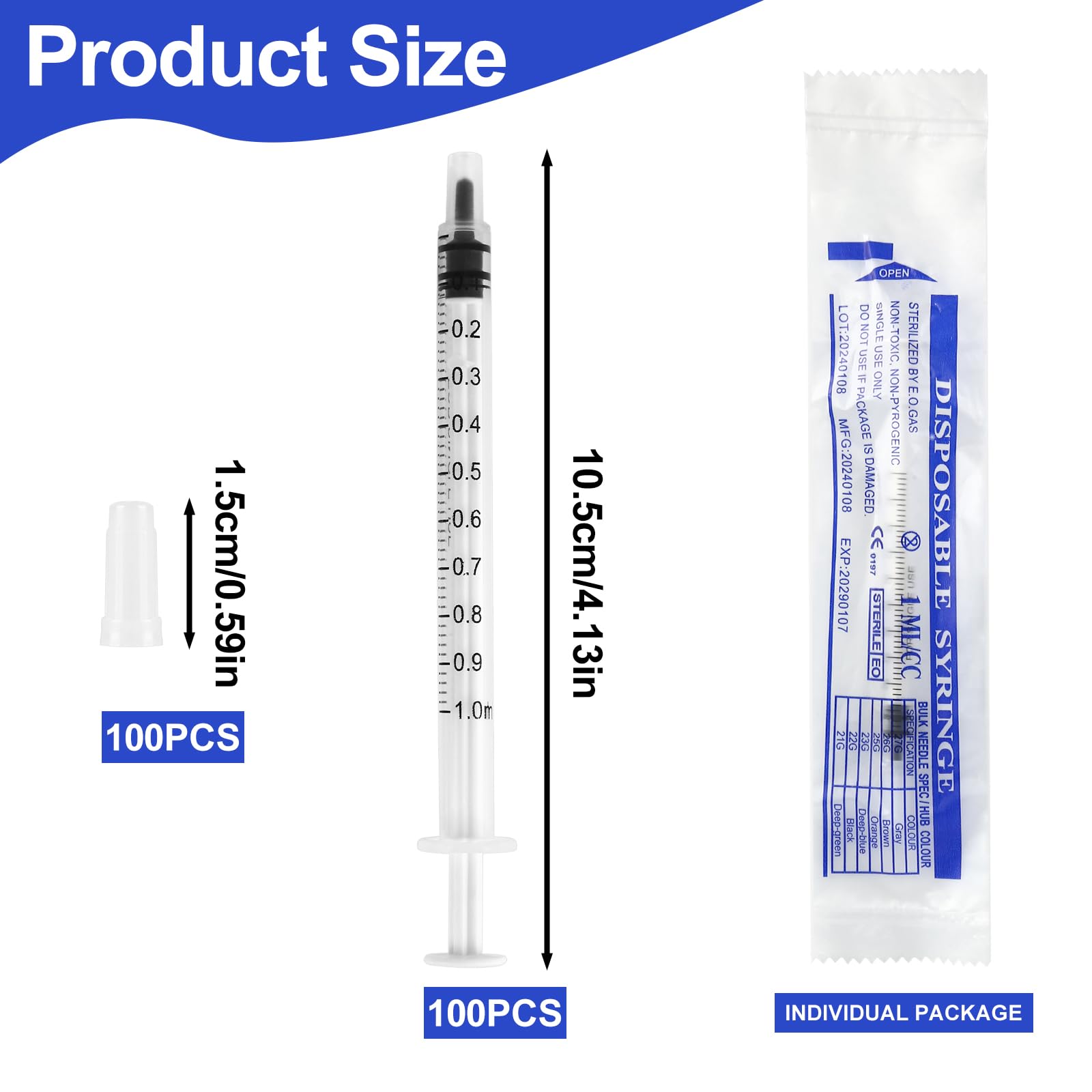 100 sztuk strzykawek 1 ml, strzykawki z siarą bez igły, jednorazowe strzykawki z nasadką, pojedynczo zapakowane strzykawki 1 ml, sterylne do laboratoriów naukowych, karmienia zwierząt