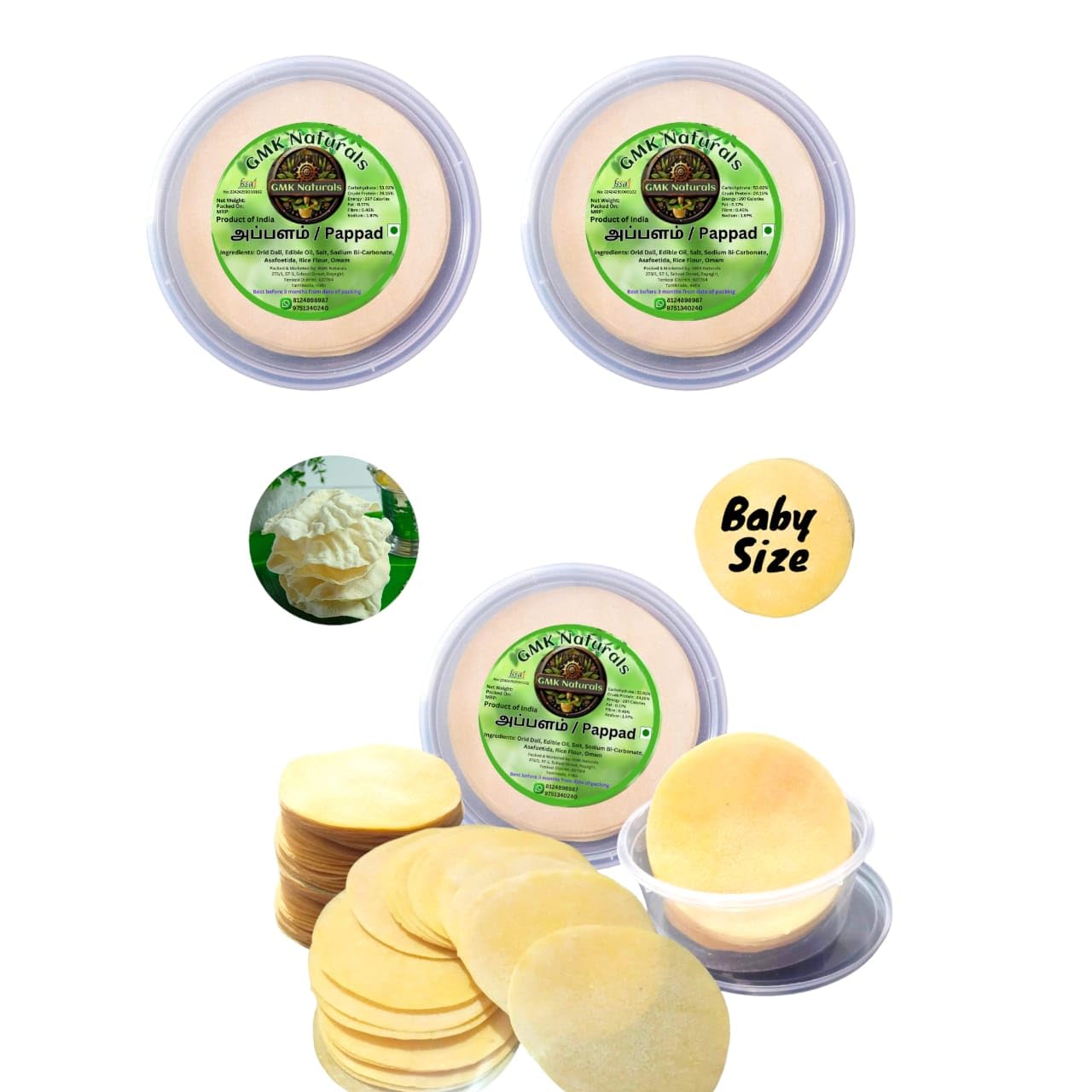 GMK Naturals - 3 inch - Pack of 2-200 gm - Appalam (Papad) South Indian food - Traditional home made papad (100 g, 2) (B0D9L63N27) Amazon Price History, Amazon Price Tracker