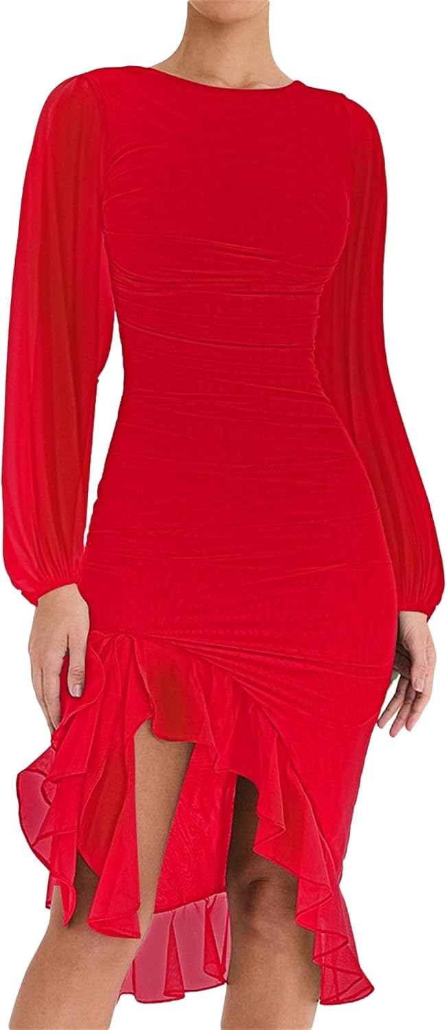 Womens Long Sleeve Ruched Mini Dress Mesh Ruffle Hem A Line Dress Bodycon Solid Round Neck Elegant Dresses Party Dress