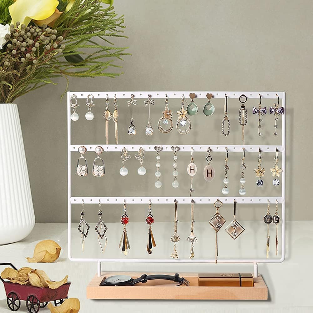 sovia Earring Organizer 3-Tier 75 Holes Jewelry Organizer Display Stand,Metal Earring Holder with Wood Basic stand,Necklace holder Storage Tray for Ring,Earrings,Ear Stud,Bracelets(White) image 2