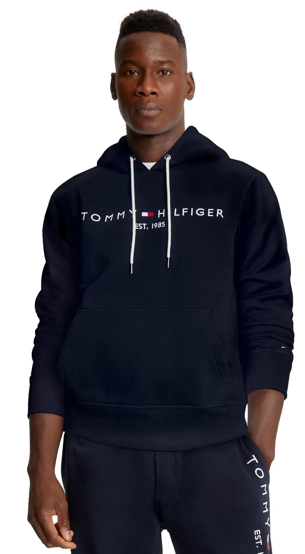 TOMMY HILFIGER Men's Iconic Fleece Embroidered Tommy Logo Pullover Hoodie Sweatshirt Collection 2024, Medium, Black