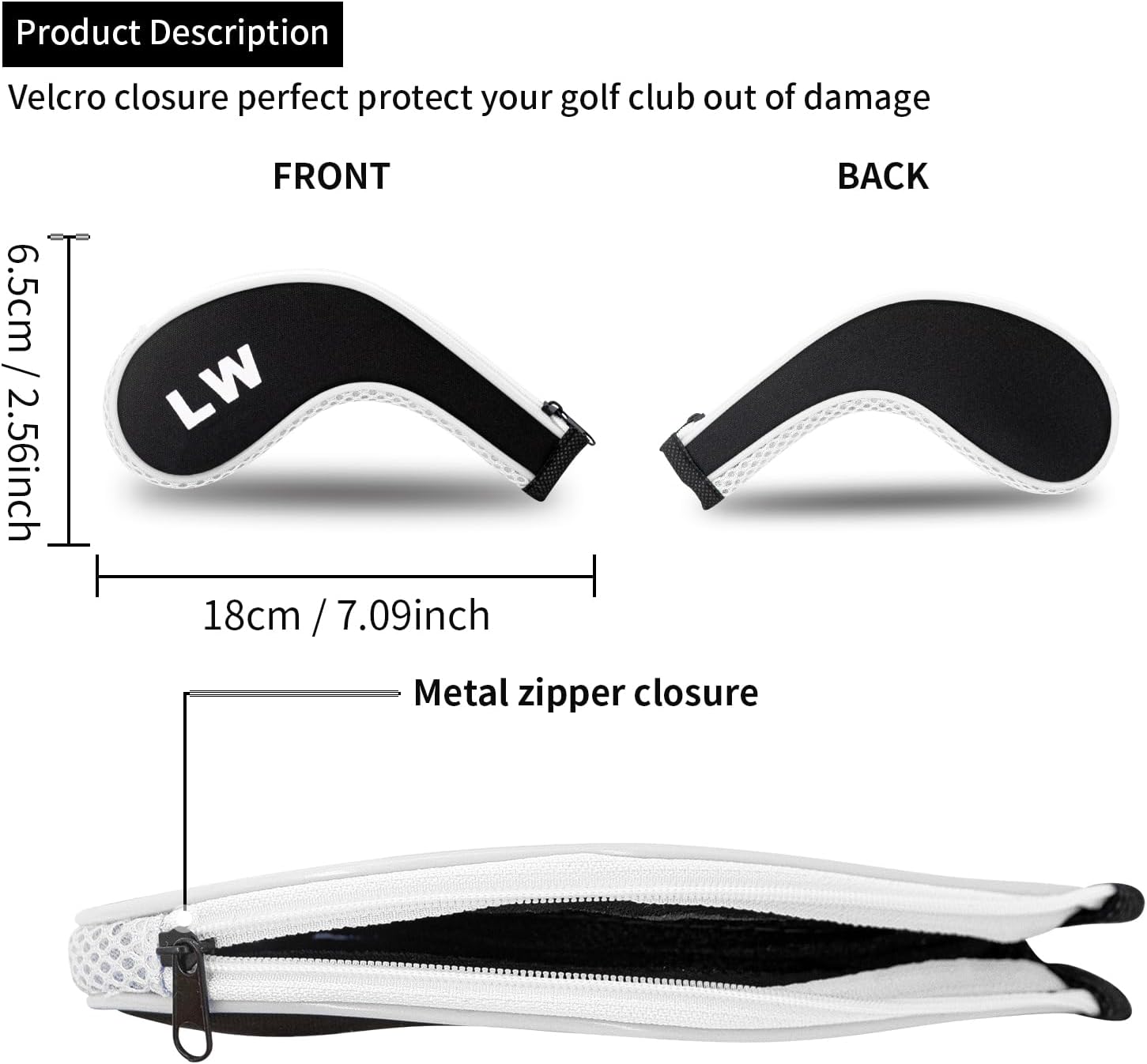 Golf Club 12pcs Thick Synthetic Zipper Long Neck Set Headcover Fit The Most Brands, Side Number Golf Iron Club Head Cover LW SW PW Covers #3,4,5,6,7,8,9