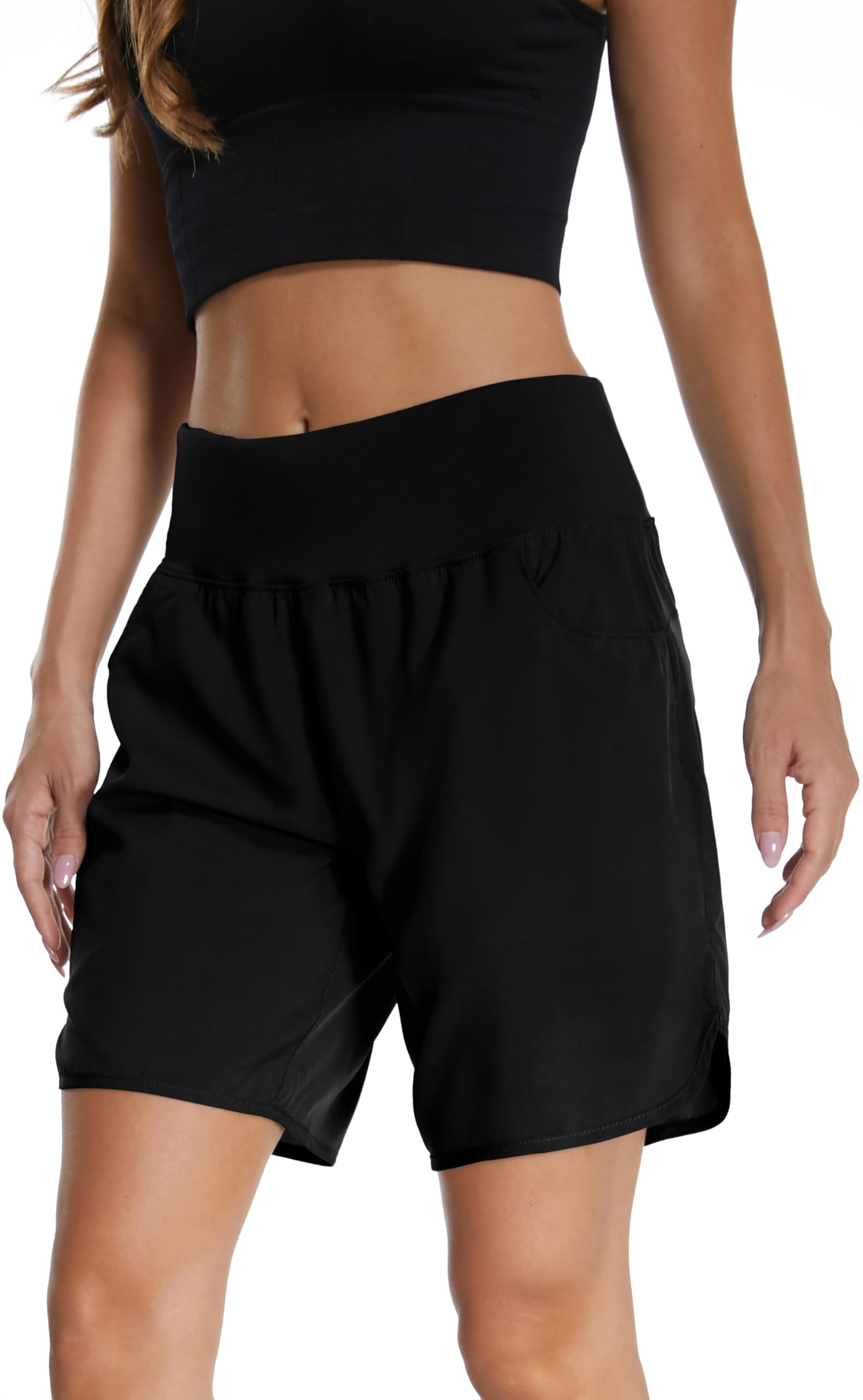 Mesing Pantaloncini Sportivi Running Donna a Vita Alta Pantaloni Corti Palestra Corsa Allenamento Traspirante Sport Shorts con Slip Interni e Tasche Posteriori con Cerniera