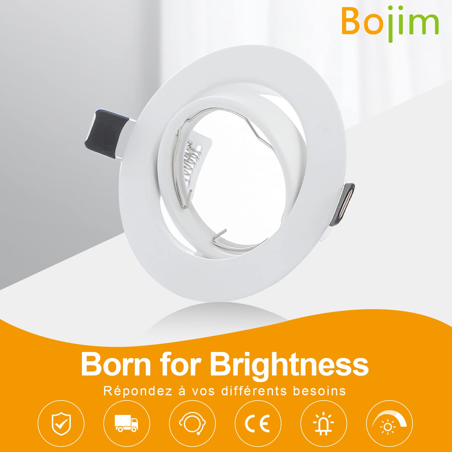 Bojim Support Spot Encastrable Orientable GU10 Rond Blanc, Entourage Spots Led de Plafond GU 10 Armature Inox Brossé Cadre de Montage Trou 68mm - 85mm Lot de 10 (Sans Ampoule)