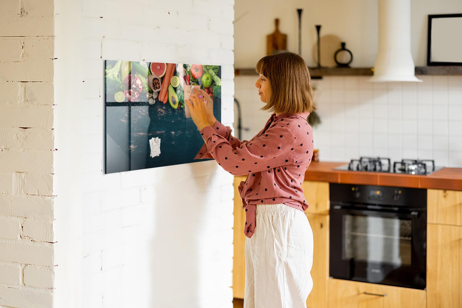 Magnetische Glas-Magnettafel mit Neodym-Magneten, Marker & Schwamm | Hochwertiges Sicherheitsglas | Kratzfest, abwischbar & modern | Ideal für Büro, Küche & Homeoffice- 90x60 - Gemüse auf dem Tisch