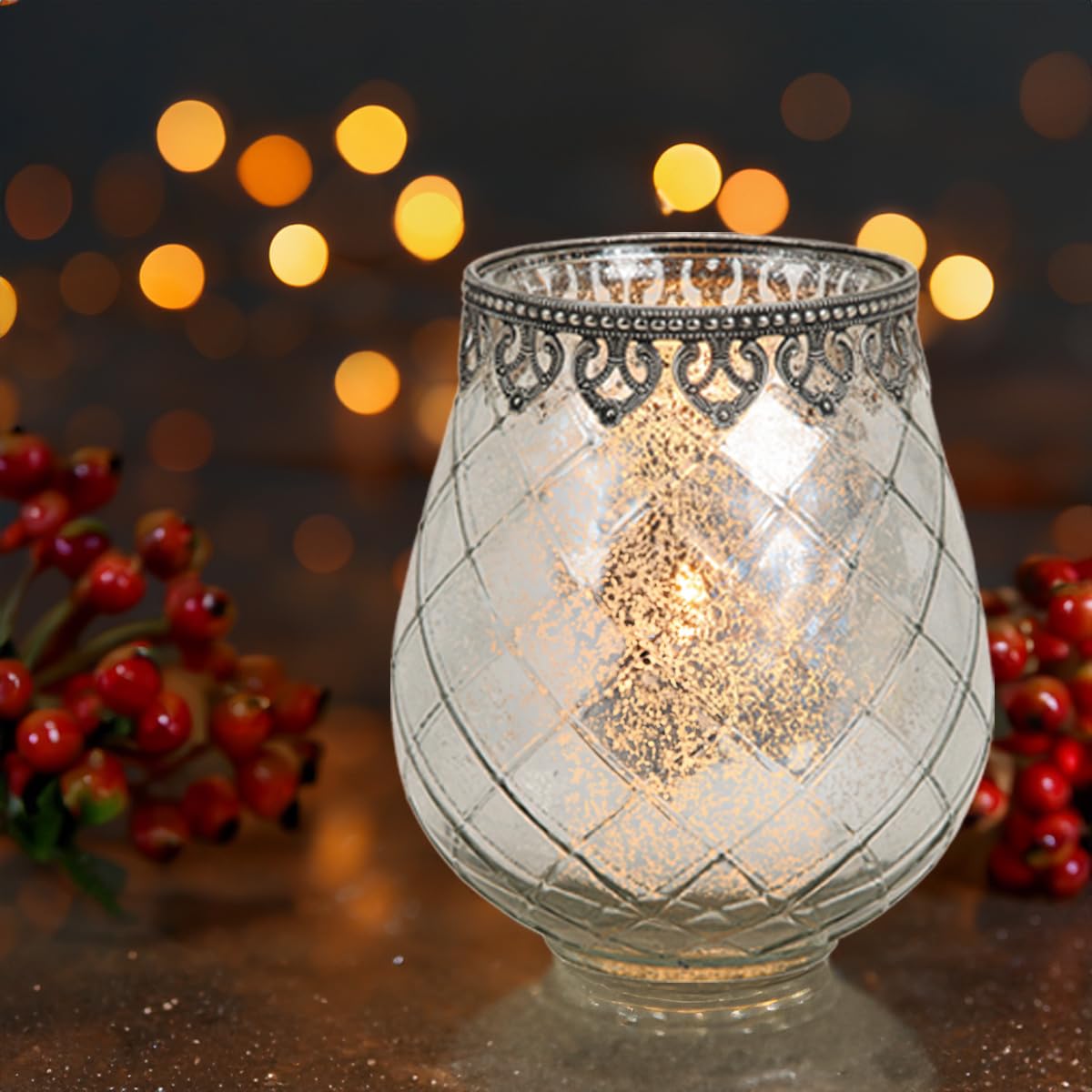 Vintage Kerzengläser Windlichter silber - 2 Moderne Windlichtgläser in 18 cm als Kerzenständer Laterne Teelichthalter - Boho Kerzenhalter Teelichtglas als Hochzeit Tisch-Deko Balkon Garten Deko