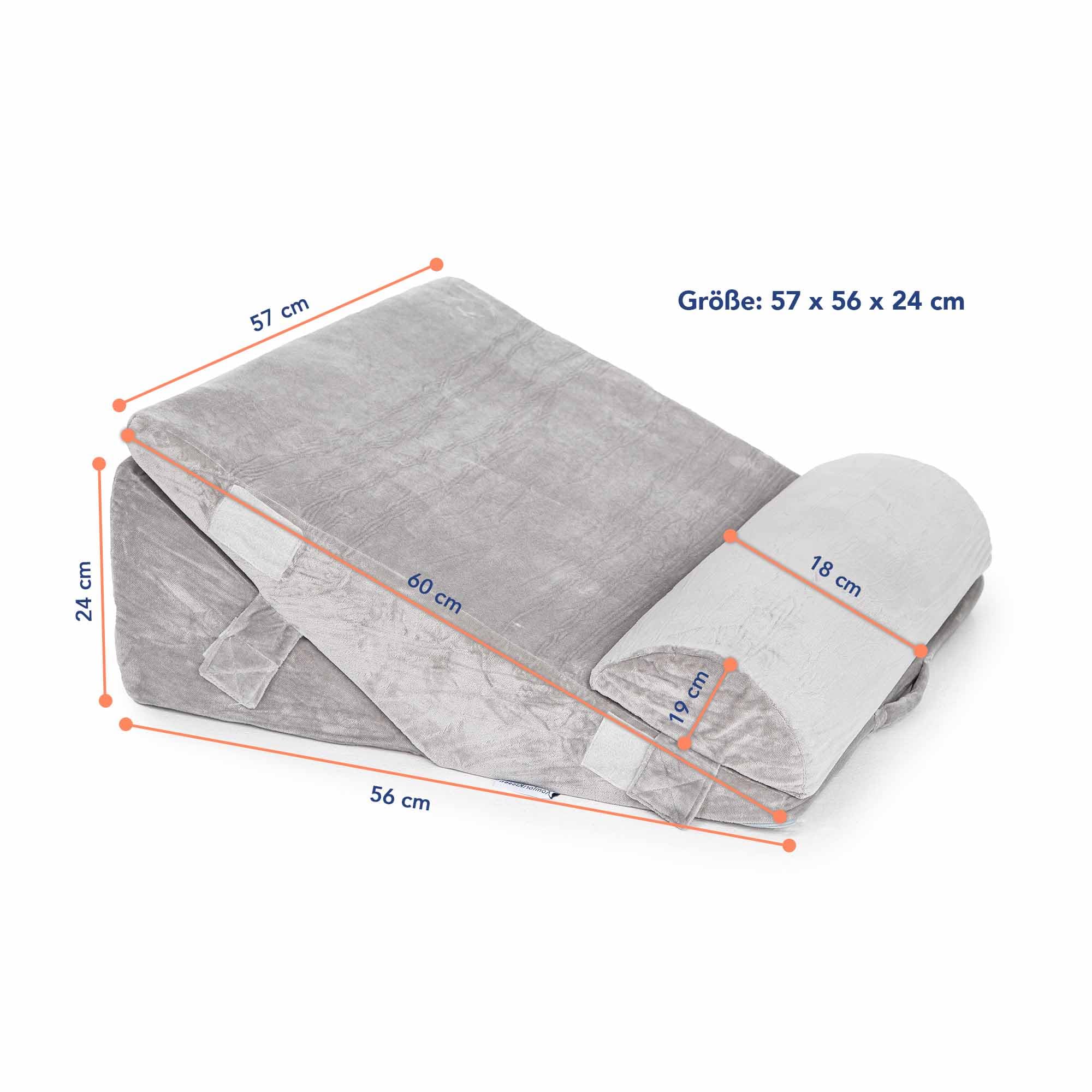 MKS. Cojín de cuña plegable 3 en 1 – Almohada ajustable para espalda, piernas, dormir, leer – Cojín de posicionamiento para acidez estomacal, reflujo, gris – 57 x 56 x 24 cm