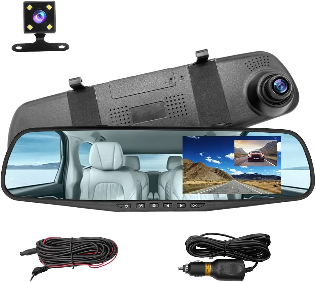 Specchio Retrovisore Auto Posteriore e anteriore 1080P Mirror Dash Cam  Specchietto Retrovisore con Cavi da 10m, Visione notturna grandangolare  170° : ...