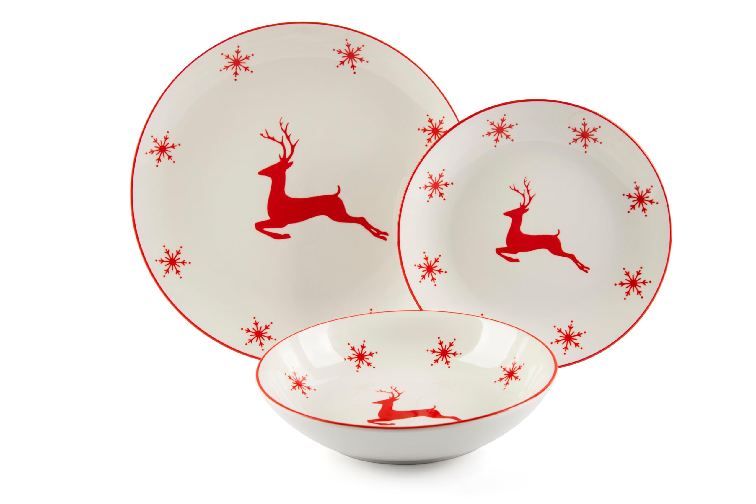 Excelsa Nordic Christmas - Juego de platos de porcelana con motivos navideños, 18 piezas, renos y copos de nieve rojos, apto para lavavajillas