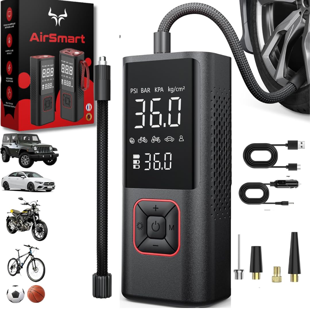Gonfleur Pneus Voiture 6000mAh - Compresseur Air Portable Avec LED Et Affichage Digital, Garantie à Vie