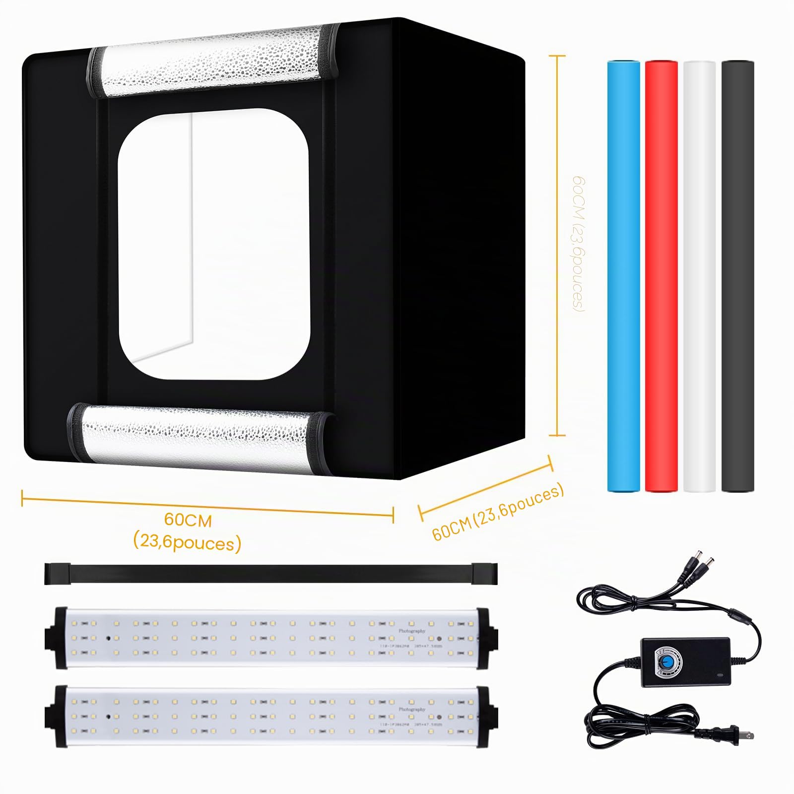 Boîte de studio photo, 61 x 61 x 61 cm, portable, pliable, avec 198 lumières LED à intensité variable et 4 arrière-plans pour la photographie de produits