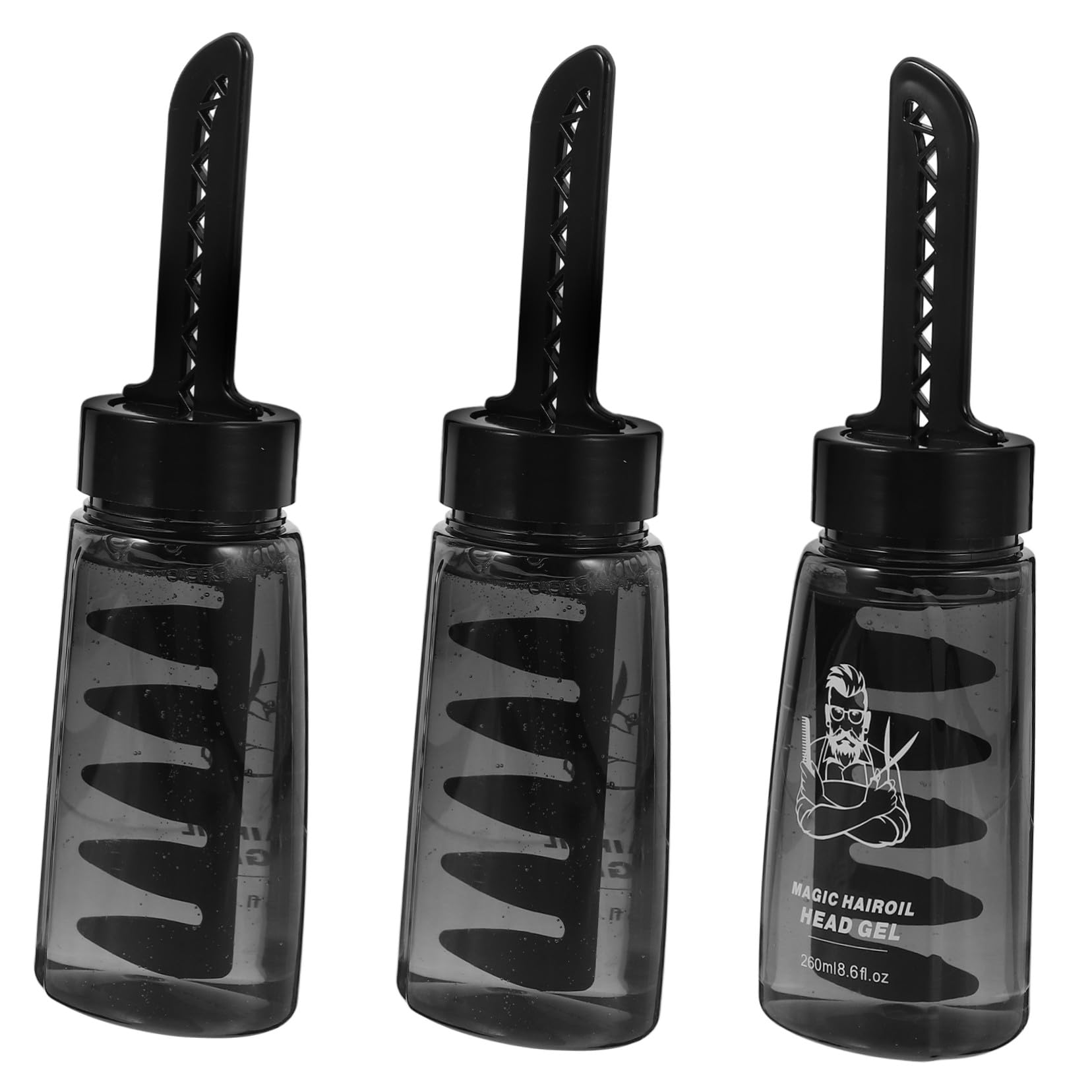 Botella Vacía de Gel para Peinar 260ml Plástica Negra con Peine | Pack de 3 Unidades, Rellenable y Portátil, para Peluqueros y Estilistas, Dosificador Práctico