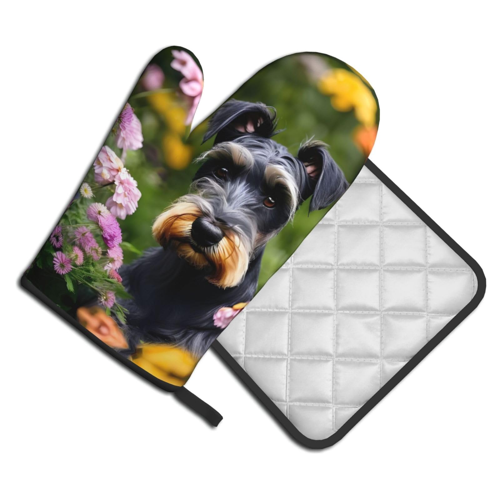 Set di guanti da forno e presine, resistenti al calore, impermeabili, antiscivolo, adorabili guanti da Schnauzer, set da 4 pezzi per cucinare e cuocere al forno