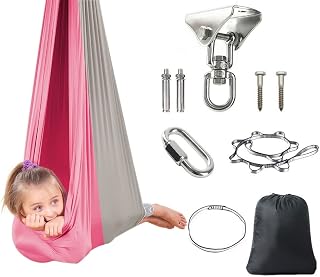 Sensory Swing for Kids Double Layered Sensory Swing 360° Swivel Hanger Therapy Swing Helps with Sensory Disorders, Autism, ADHD, Anxiety (Color : Pink/Silver Gray)