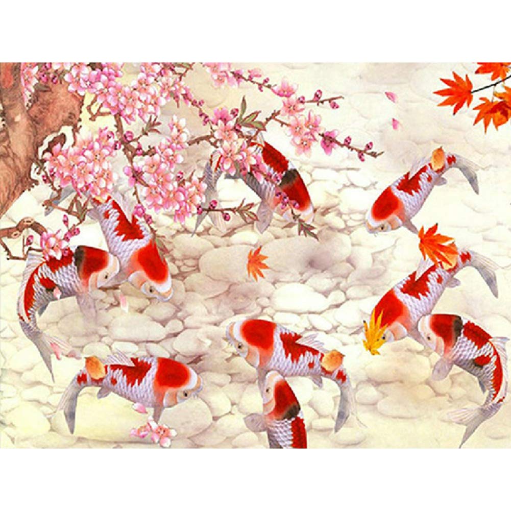 CTRLZS Embroidery Carp Fish Flower Painting Kit Decoration Gift Round