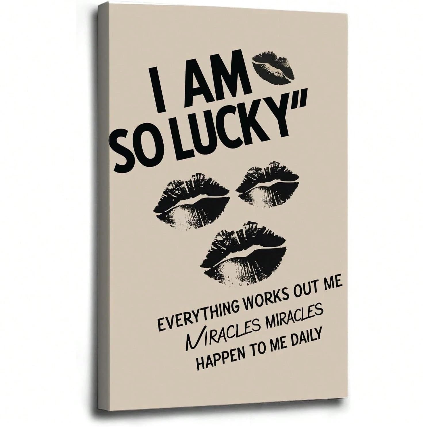 AIHNBF Positive Affirmation Wandbild I Am So Lucky Typografie Kunstdruck Inspirierende Zitate Leinwand Poster Ästhetische Lippen Grafik Moderne Wohndeko für Schlafzimmer Büro Studio 50x75cm