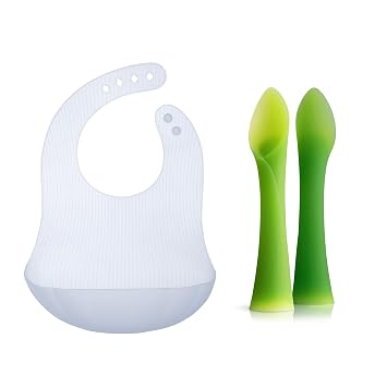 Olababy Training Spoon Set Lime/Kale + Fold N Go Silicone Baby Bib w Travel Case Blueberry