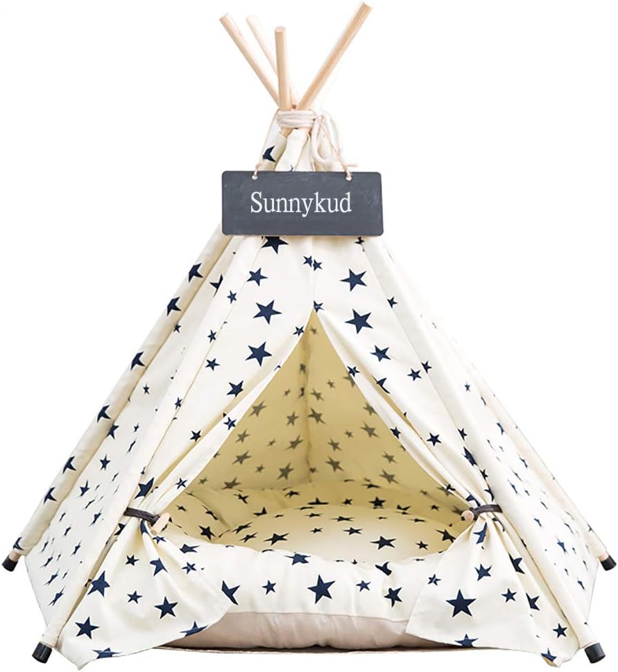 Sunnykud Pets Teepee Dogs Tent Stripes Zebra Pattern Removable and Washable Cats Tents Dog/Cat Bed Play House With Cushion 50x50x60cm