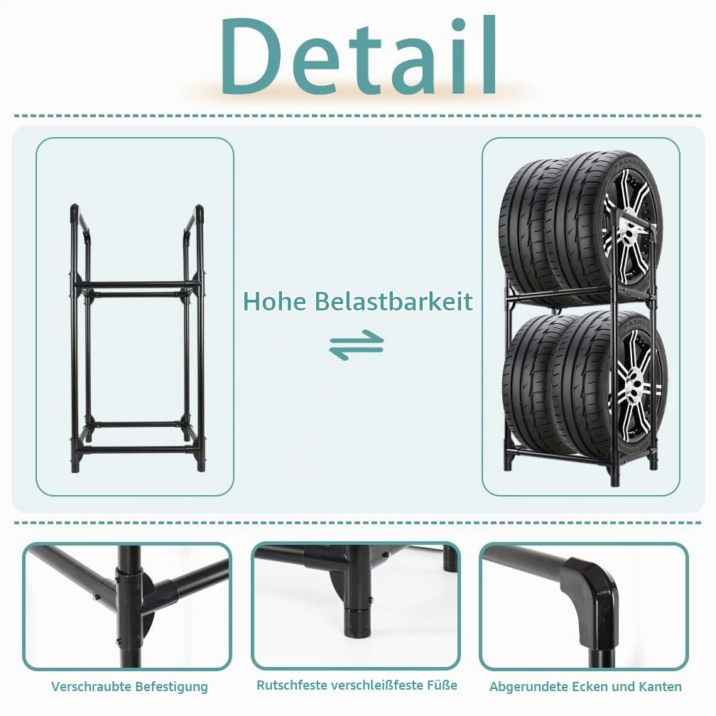 Hershii Reifenständer 2 Ebenen Reifenregal für 4 Reifen aus Metall für Garage Keller Werkstatt Lagerhaus,57.2 X 37.3 X 114.6cm (Black) | Reifenständer für Innen und Außen - schwarz Metall 50 cm x 35 cm x 110 cm