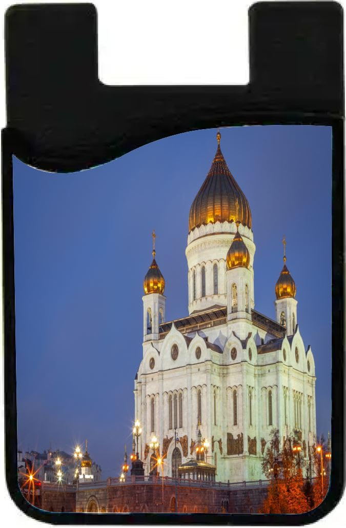 Island Gifting Neoprene Stick-on ID Card Holder for iPhone/Galaxy/Google Android Cases Featuring Image of Cathedral of Christ The Saviour at Evening in Russia