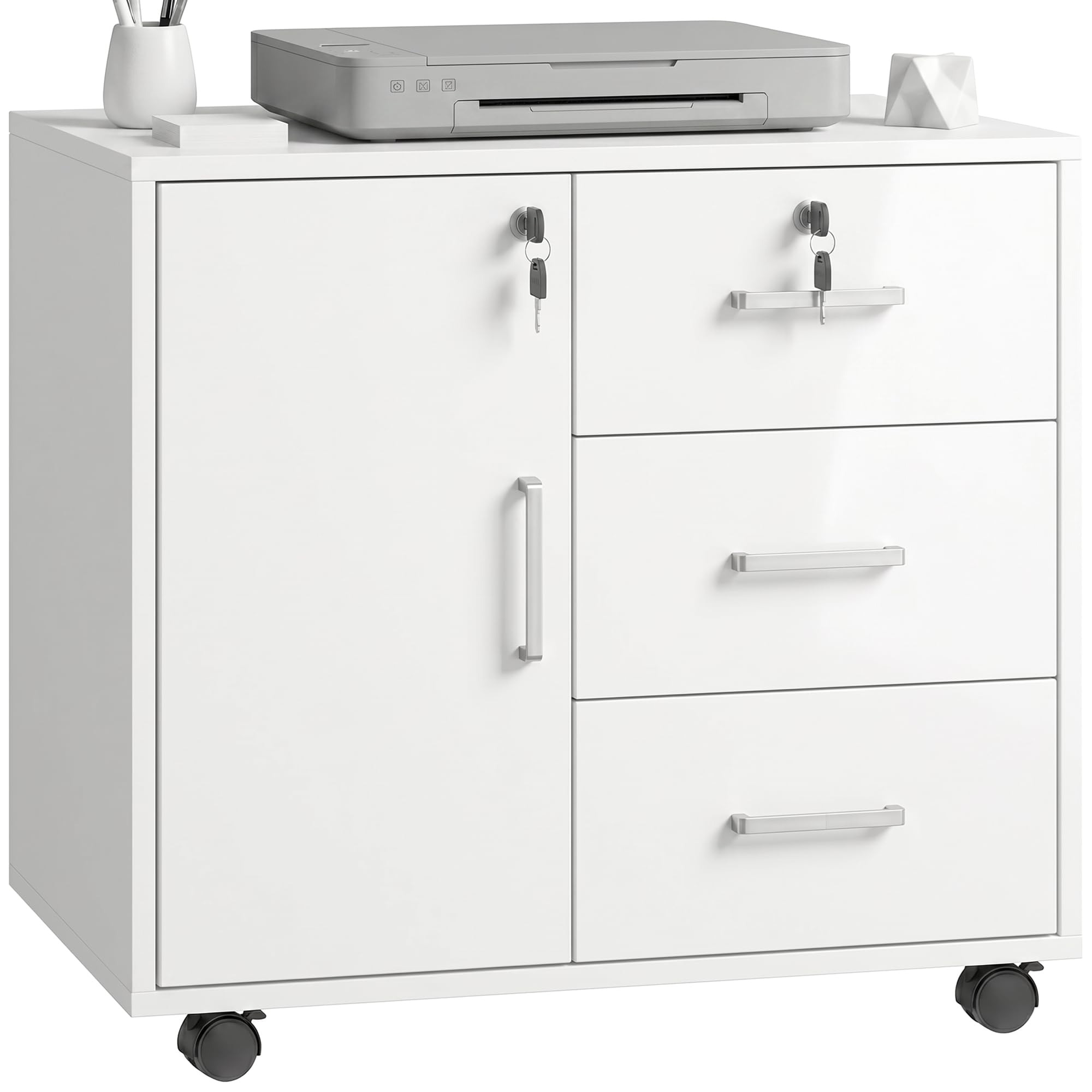 HOMCOM Schedario per Ufficio con 3 Cassetti e Armadietto con 3 Ripiani Regolabili, Cassettiera Portadocumenti in Truciolato, 60x40x56 cm, Bianco