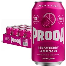 Proda Sparkling Protein Soda with 10g Protein, 0g Sugar, Low Calorie & Caffeine Free | Gluten Free, Non-GMO, Ready-to-Drink Clean Functional Beverage, 12 fl oz Cans 12 Pack - Strawberry Lemonade
