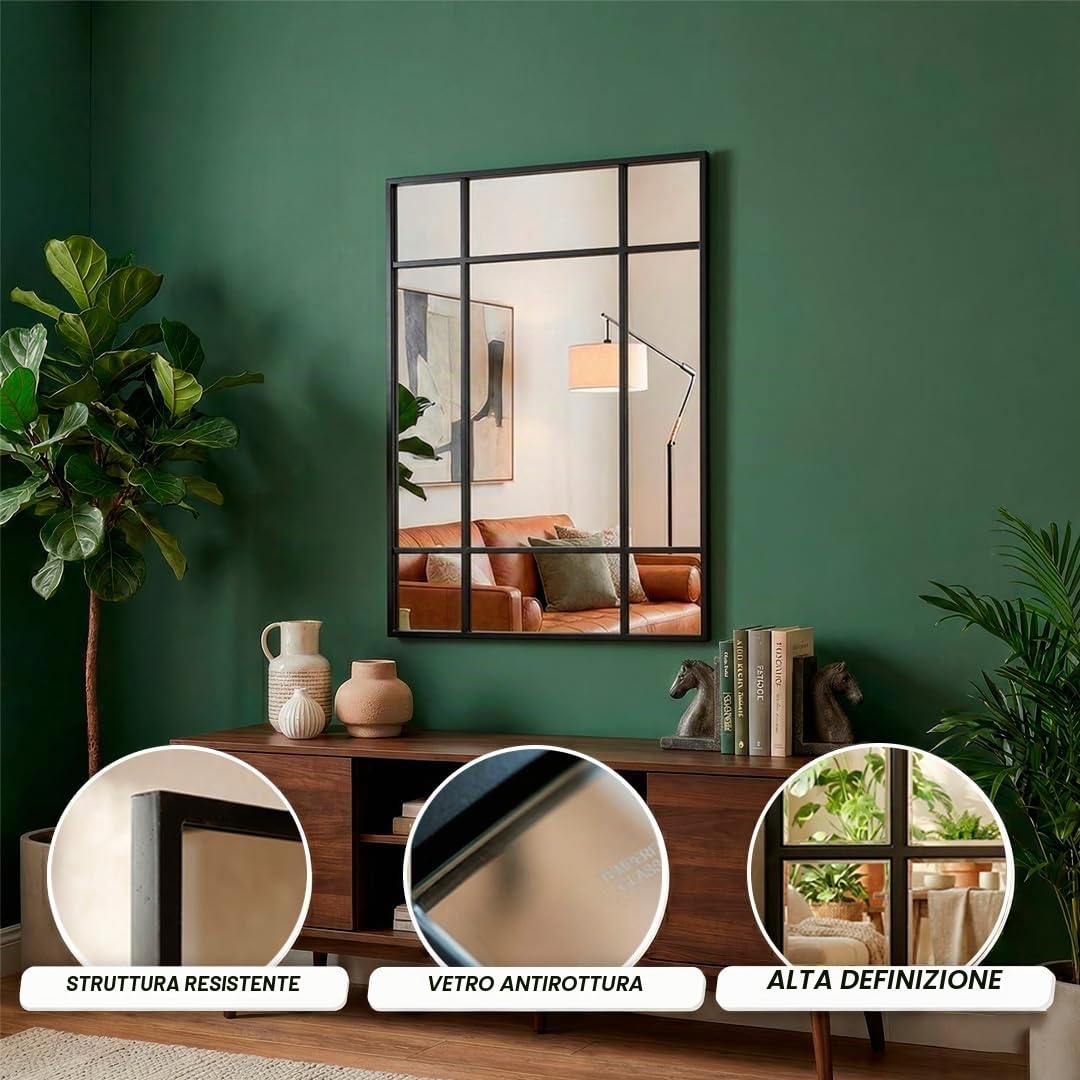 Marctani Specchio per finestra da parete 90 x 60 cm - Specchio industriale decorativo con cornice in metallo - Design rettangolare effetto finestra per ingresso, ingresso e soggiorno