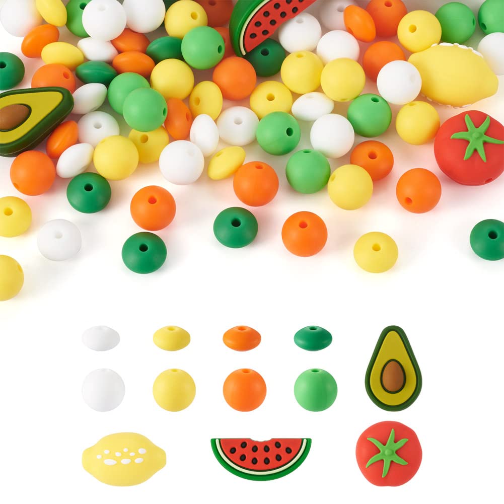 Cheriswelry 88Pcs Mixed Color Silicone Loose Beads - 12mm Round Avocado, Lemon, Tomato & Watermelon for DIY Jewelry Making