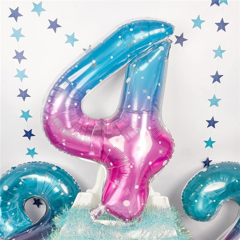 Image of Purple Teal Number 4 Balloons, 40 In Large Mermaid Starry Number 4 Mylar Foil Helium Balloons for Girls, Self Inflating Rainbow Number Four Balloon for Women 4th Birthday Anniversary Party Decoration