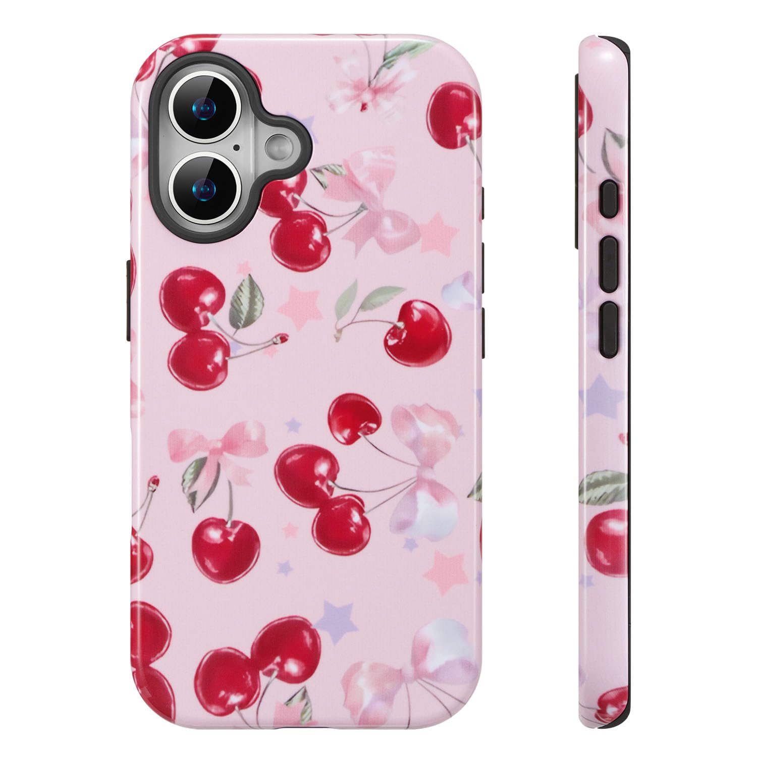 QLTYPRI Case for iPhone 16, Aesthetic Cute Pink Cherry Bow Phone Case for Girls Women, Protective Hybrid 2-Layer Hard Shell Silicone Cover Durable