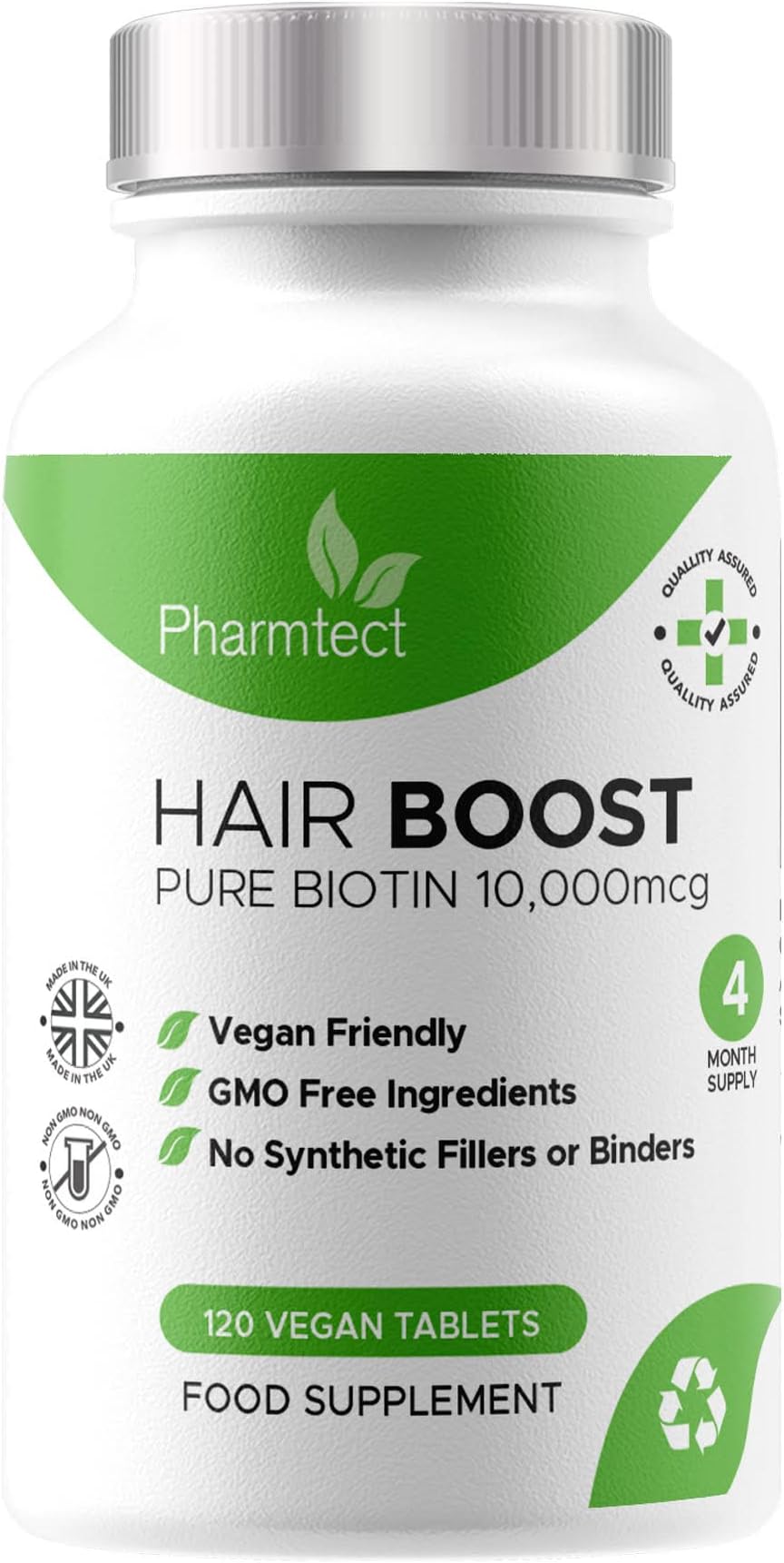 Biotin Hair Growth Supplement 10,000mcg - Enriched with Pure Biotin Hair Vitamins - Maintenance of Normal Hair - 120 Vegan Tablets UK Made by Pharmtect