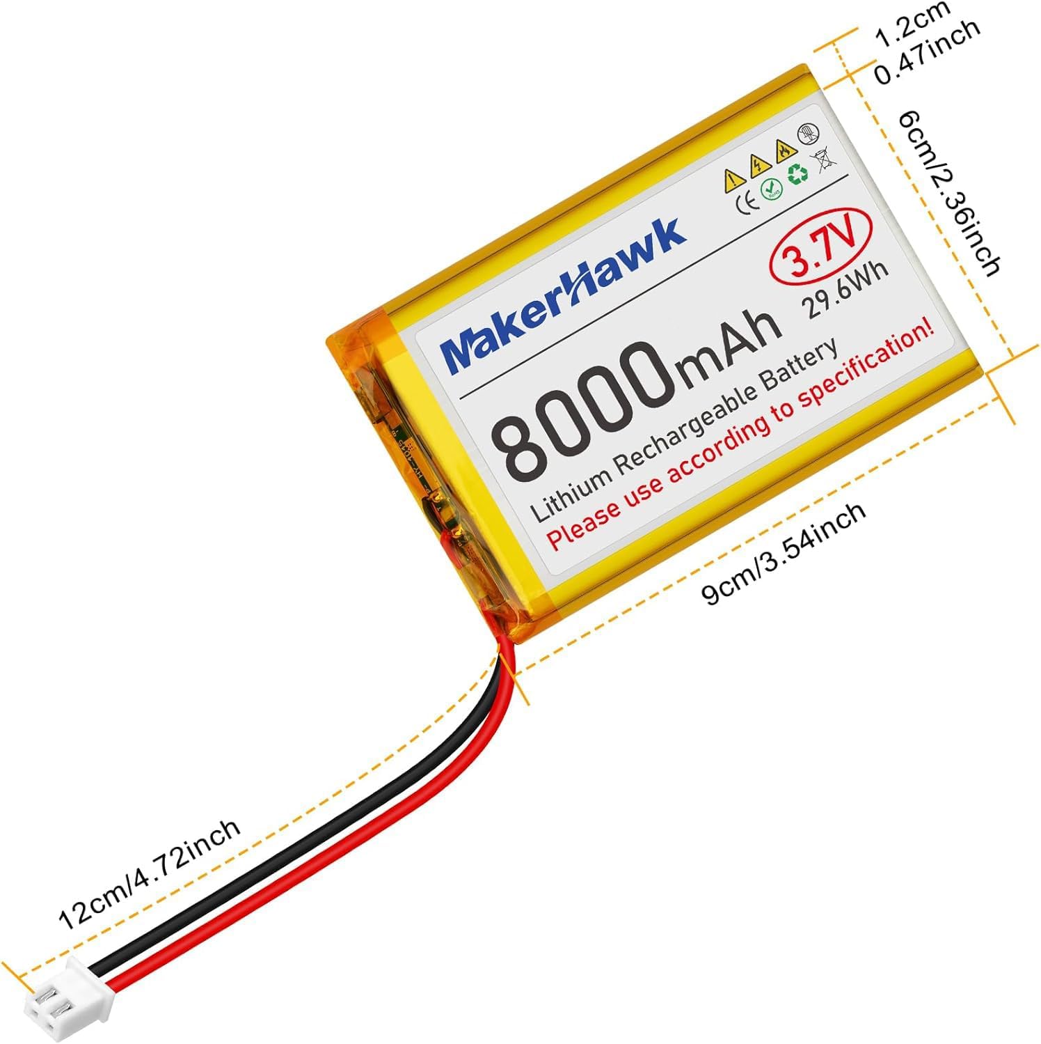 MakerHawk 3.7V LiPo Battery 8000mAh 126090 Rechargeable 1S Polymer Battery with Protection Board Insulated Rubber Tape, JST2.54 Connector for Raspberry Pi Arduino ESP32 Development Board (2 Pack)