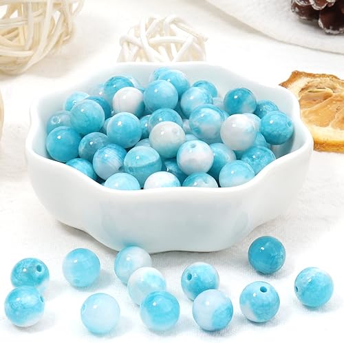 Miniatura 5 de 45 cuentas sueltas de jade persa azul blanco de 0.315 pulgadas para la fabricación de joyas, cuentas semipreciosas naturales redondas y lisas de
