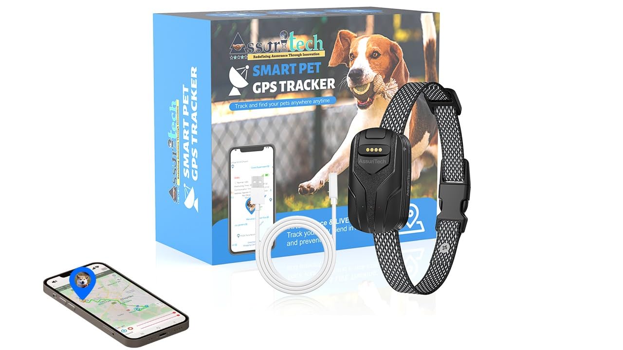 AssuriTech GPS Smart Pet Collar Tracker Device – Real-Time Tracker for Dogs & Cats with Voice Call, Geo-Fence, App Control, Waterproof, 750mAh Battery – No app Subscription fees.