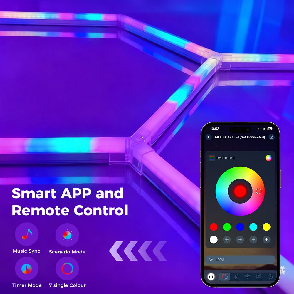 6 luci esagonali a LED RGB con modalità di sincronizzazione musicale, controllo app e telecomando, luce a nido d'ape multicolore per sala giochi, palestra e garage