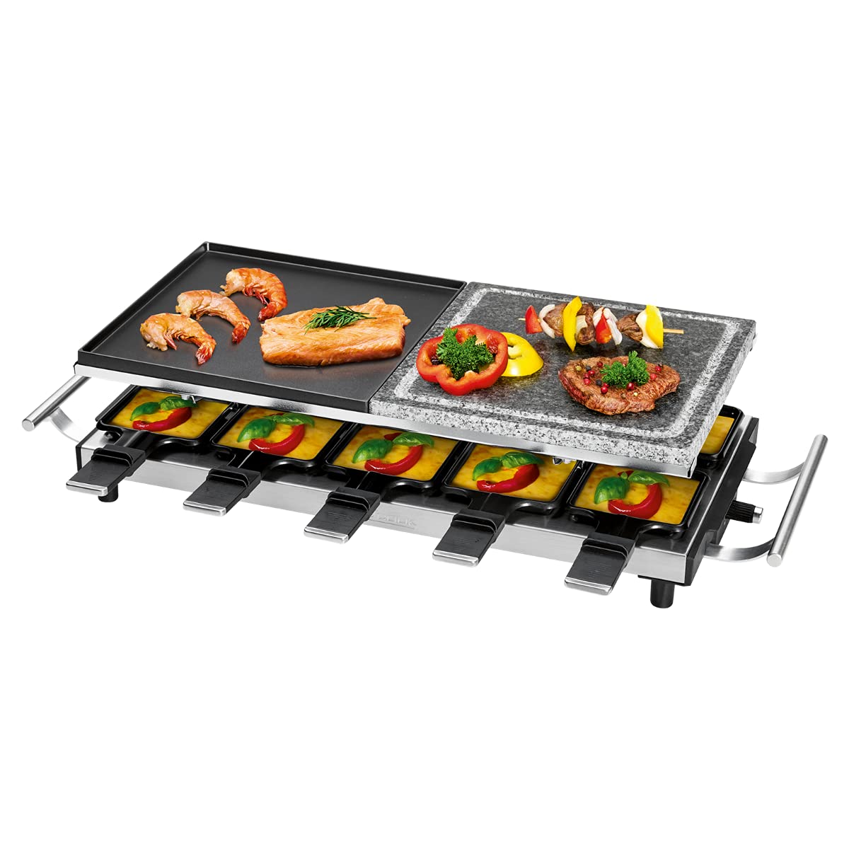 ProfiCook Grill raclette 2in1, raclette 10 persone, raclette con piano in pietra e piano cottura, antiaderente, impugnature isolate termicamente, termostato continuo,1700 Watt, acciaio inox,PC-RG 1144