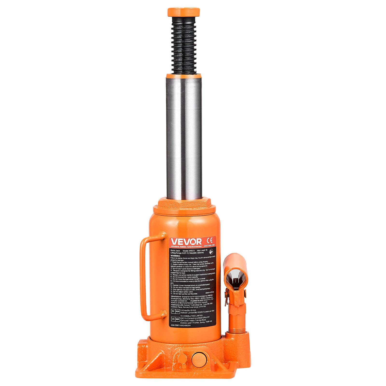 VEVOR Cric Bouteille Hydraulique avec Grande Capacité de 12 T, Cric de Levage pour Voiture Plage 20,5-40 cm, Construction Solide, pour Entretien Réparation Automobile SUV, Atelier Garage, Orange