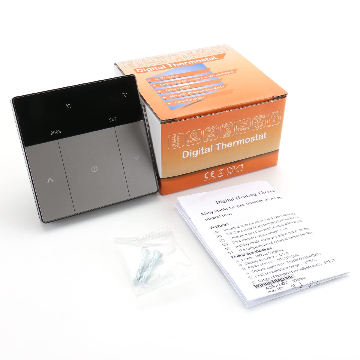 Wengart Thermostat de Chauffage au Sol Électrique WG808-16A 230V - Utilisation Ultra-Simple sans Programmation - Écran LED Tactile - Sonde de Sol 3m Incluse