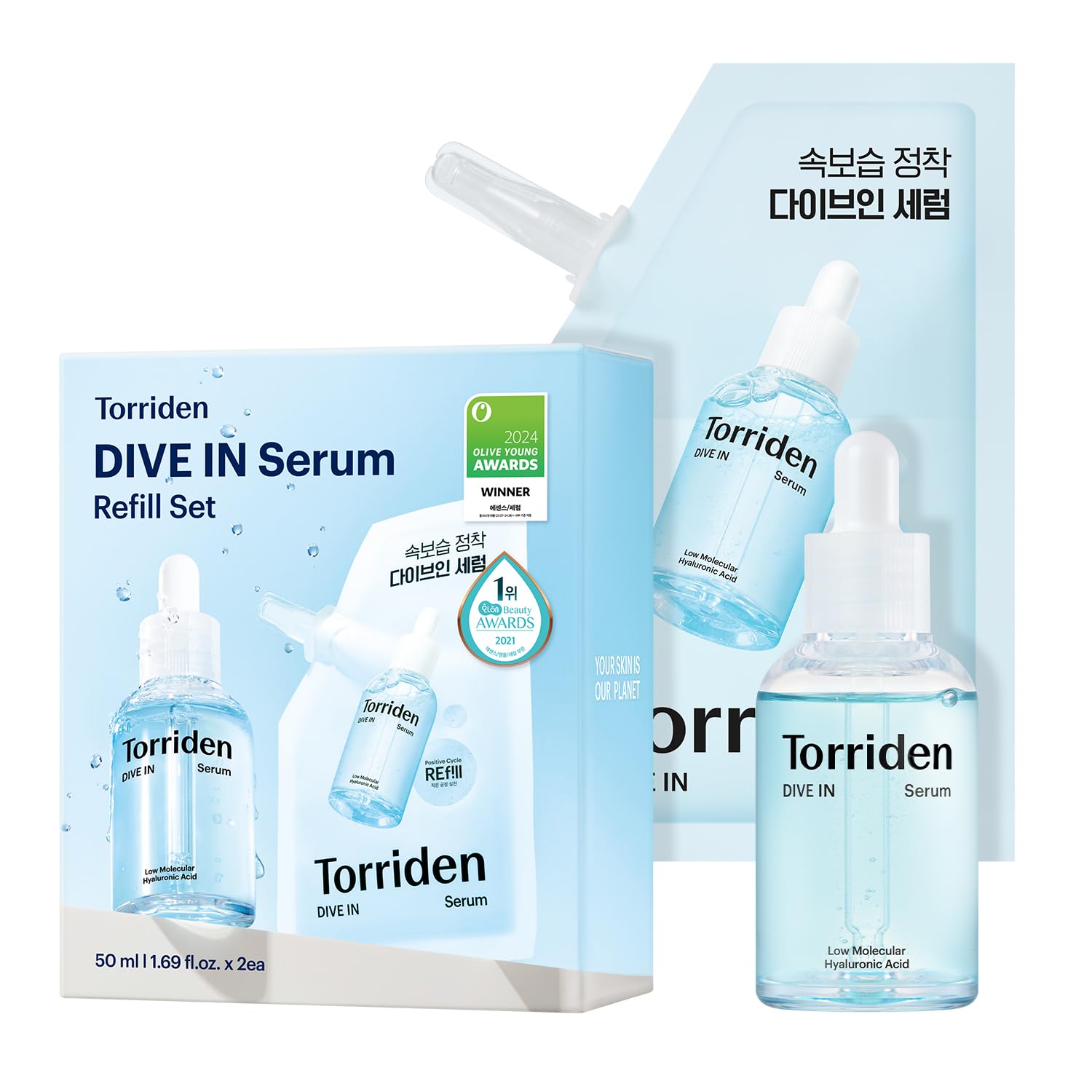 Torriden DIVE IN Serum 1.69 fl oz + refill pouch 1.69 fl oz | Deep Hydration to Get Glow Skin | Hyaluronic Acid, Panthenol, Allantoin | Korean Facial Serum