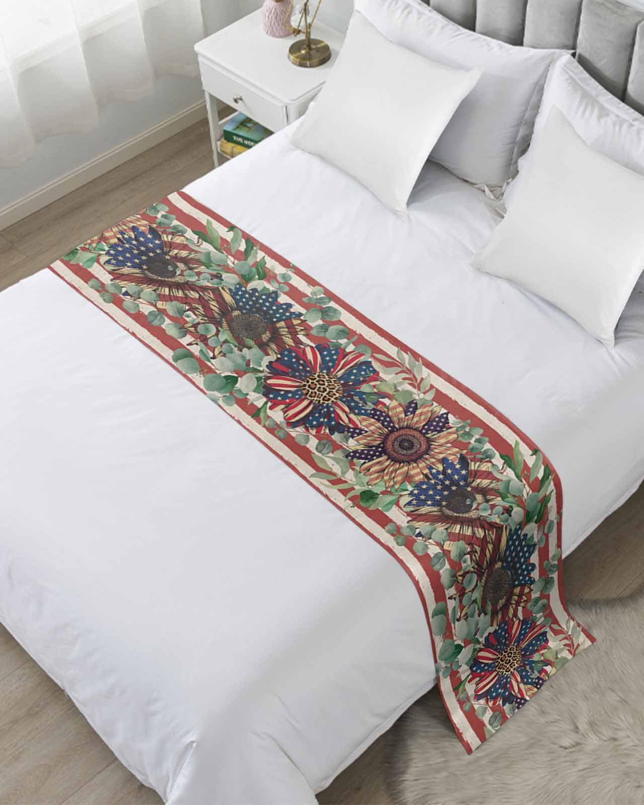 Twin Bed Runner Independence Day Colorful Floral Bedding Runner Scarves Decorative Bed Scarf, Retro Stripes and Stars Soft Bedding Scarf for Bedroom Hotel Wedding 102x20in