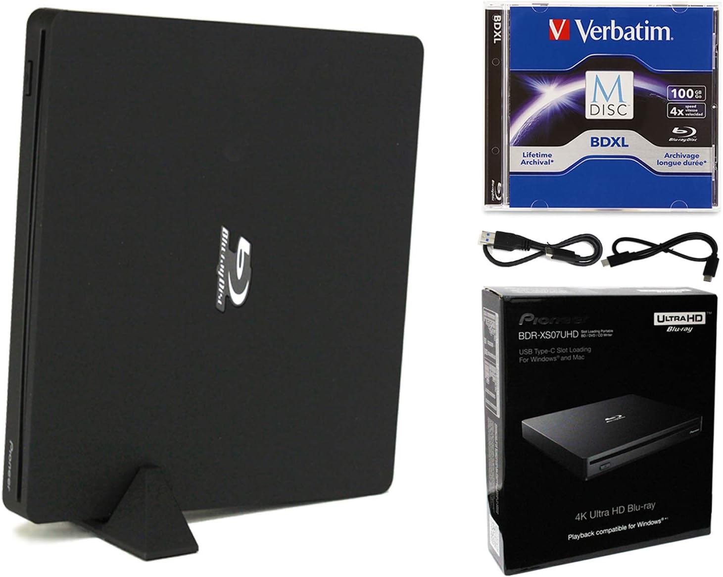 Produplicator Pioneer BDR-XS07UHD Portable 6X Ultra HD 4K Blu-ray Burner External Drive Bundle with Cyberlink Software Download Installation Code and USB Cable