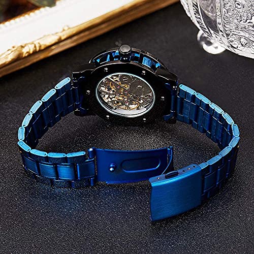 Bosni Steampunk Mens Watch Luxury Blue Skeleton Stainless Steel Hand-Winding Classic Mechanical Wrist Watch Diamond Design S1089-Black Blue #TOP7