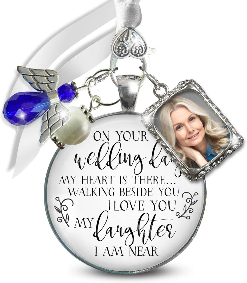 Bouquet Photo Charm Wedding Memory Something Blue Angel - I Know You'd Be Here If Heaven Honor Love One, Silver Finish Handmade Bridal Jewelry White Glass Pendant 2 Frames Gift Message & Box for Bride